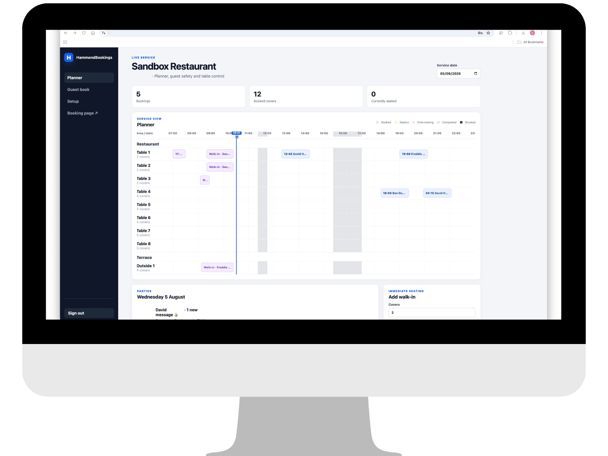 HammondBookings service planner showing bookings and walk-ins across restaurant tables
