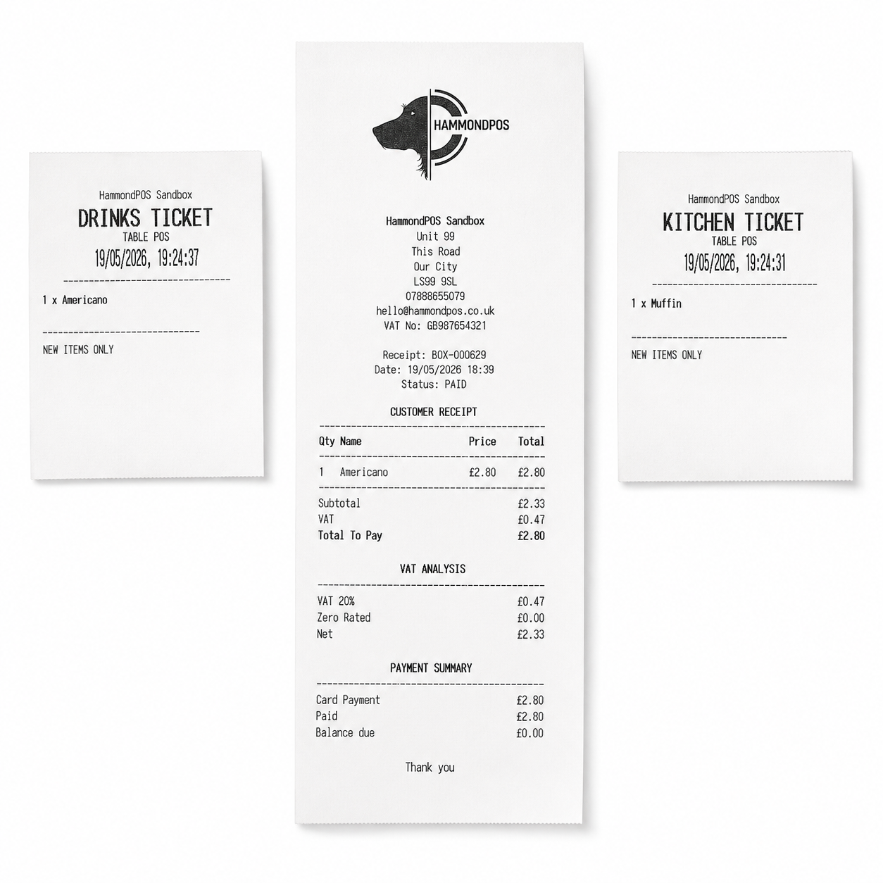 Examples of customer receipt, kitchen ticket and drinks ticket