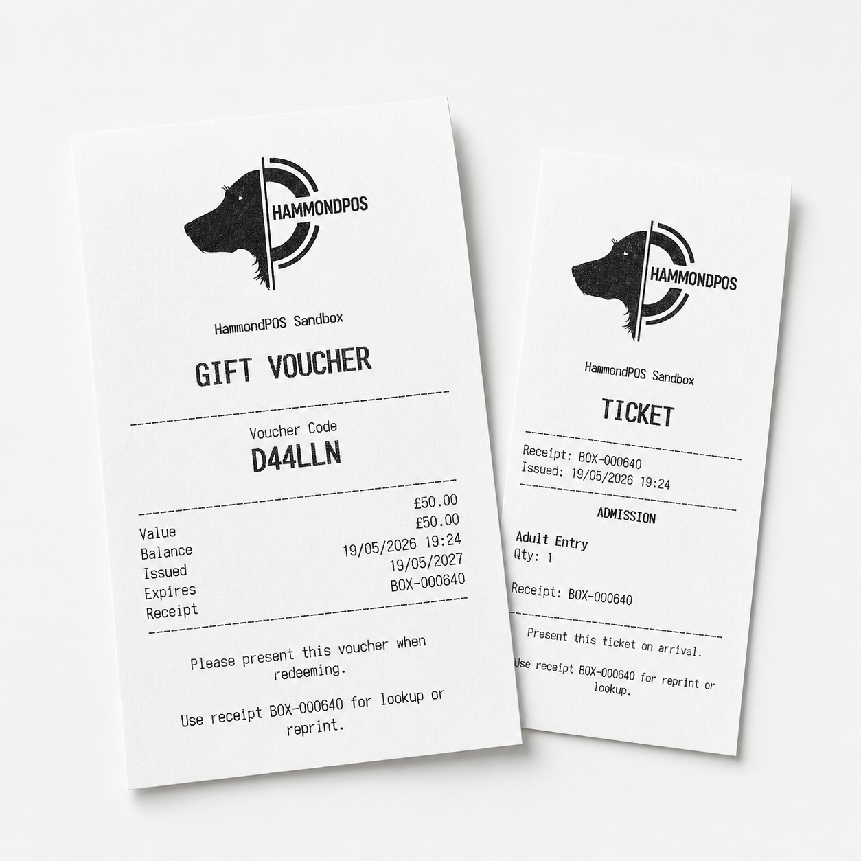 HammondPOS voucher and ticket print examples