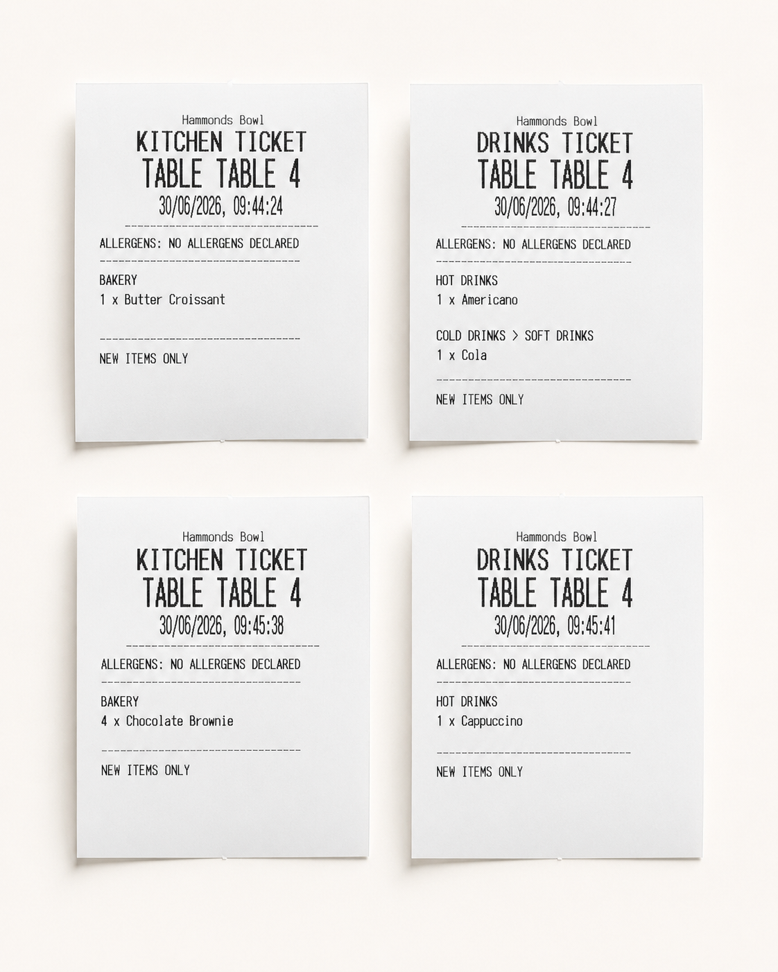 Kitchen and drinks tickets grouped by station/category.