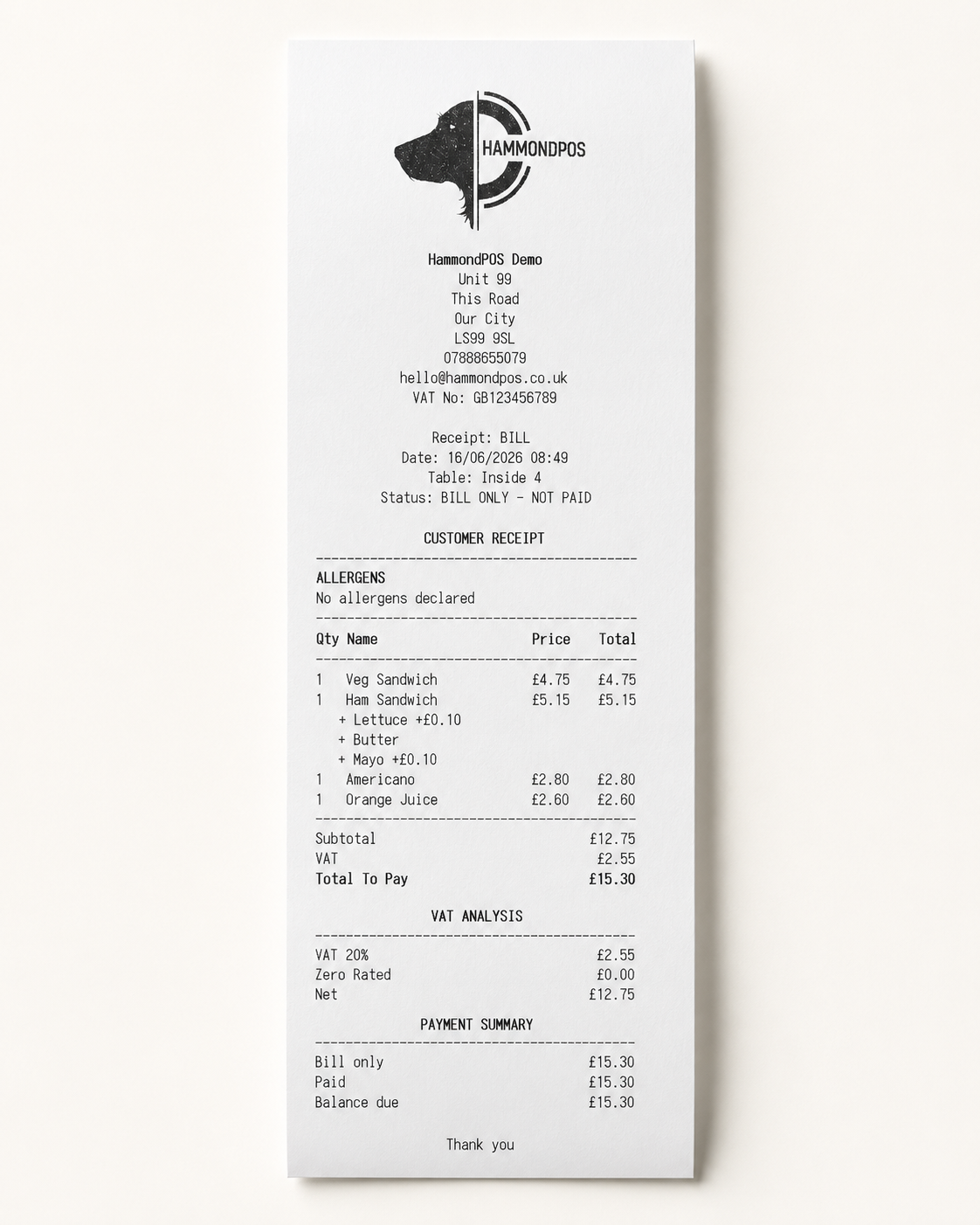 Bill-only customer receipt before payment.