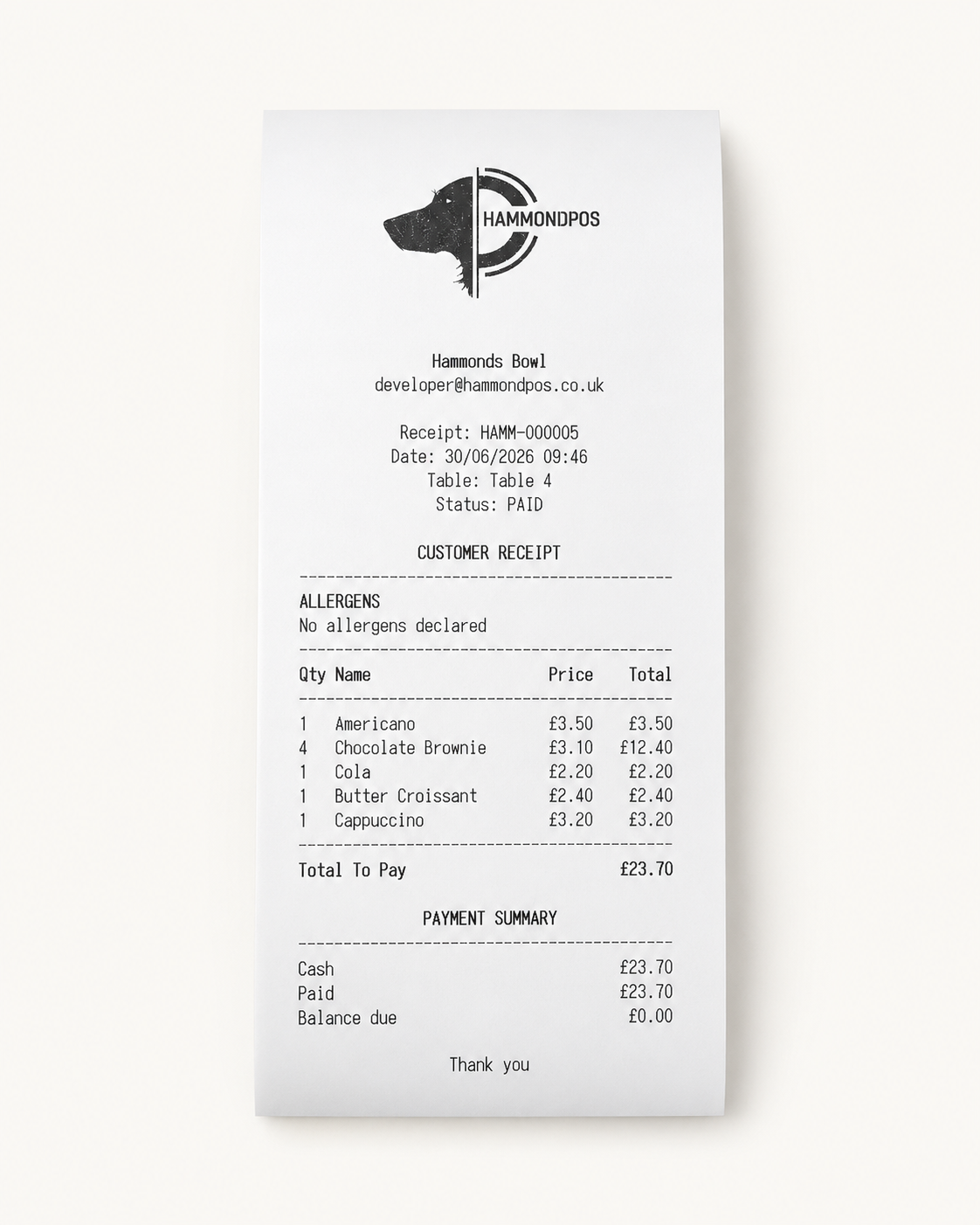 Paid customer receipt using cash.