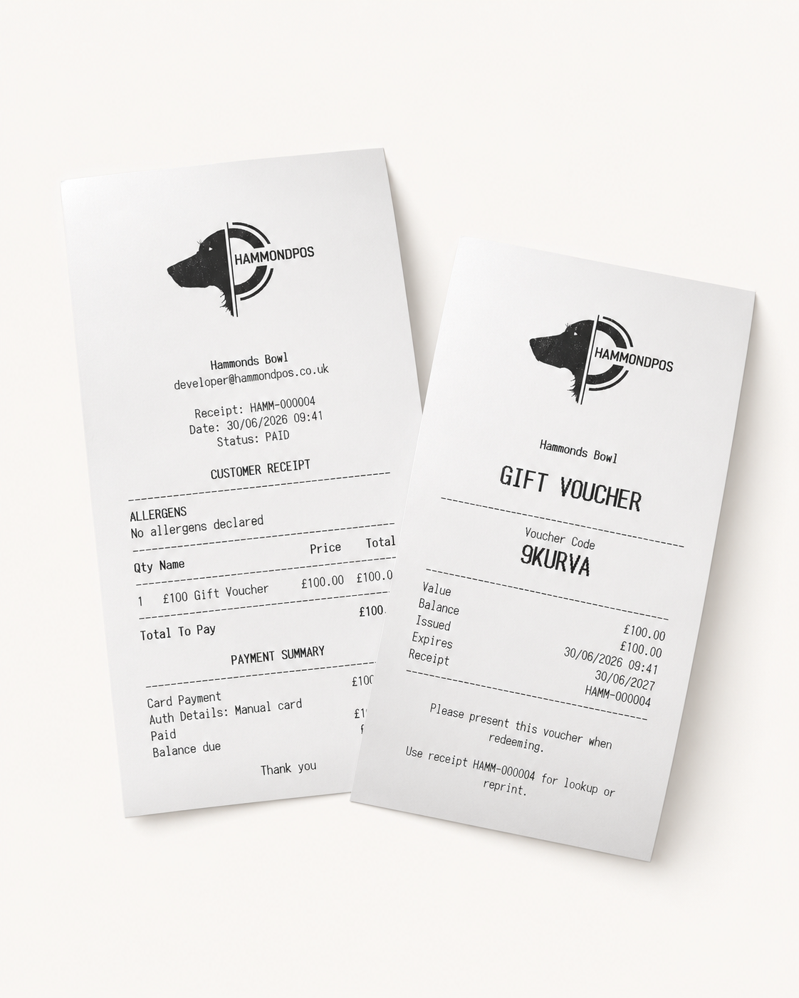 Receipt and gift voucher purchase printout.