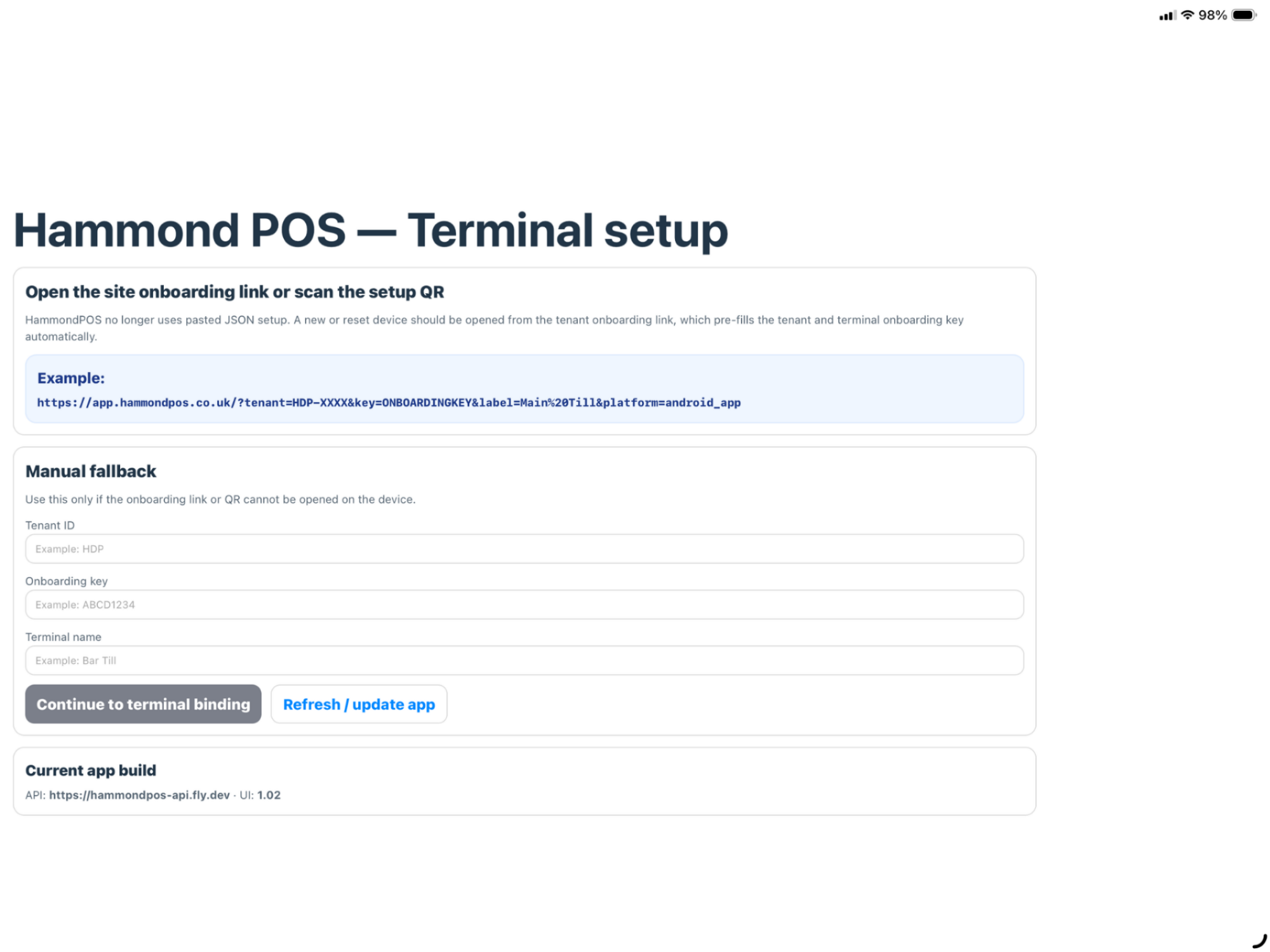 Terminal setup using an onboarding link or manual fallback.
