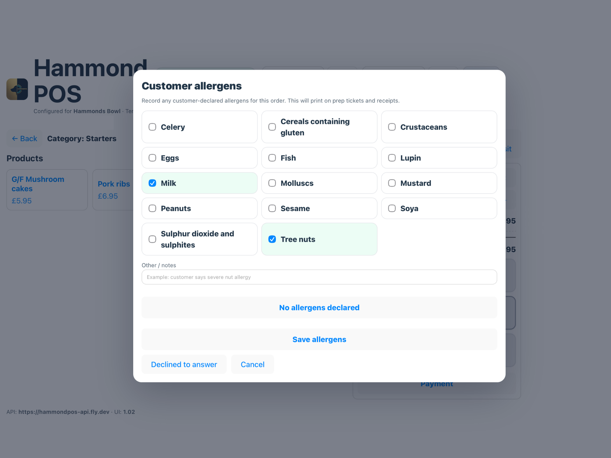 Product/category selection during order entry.