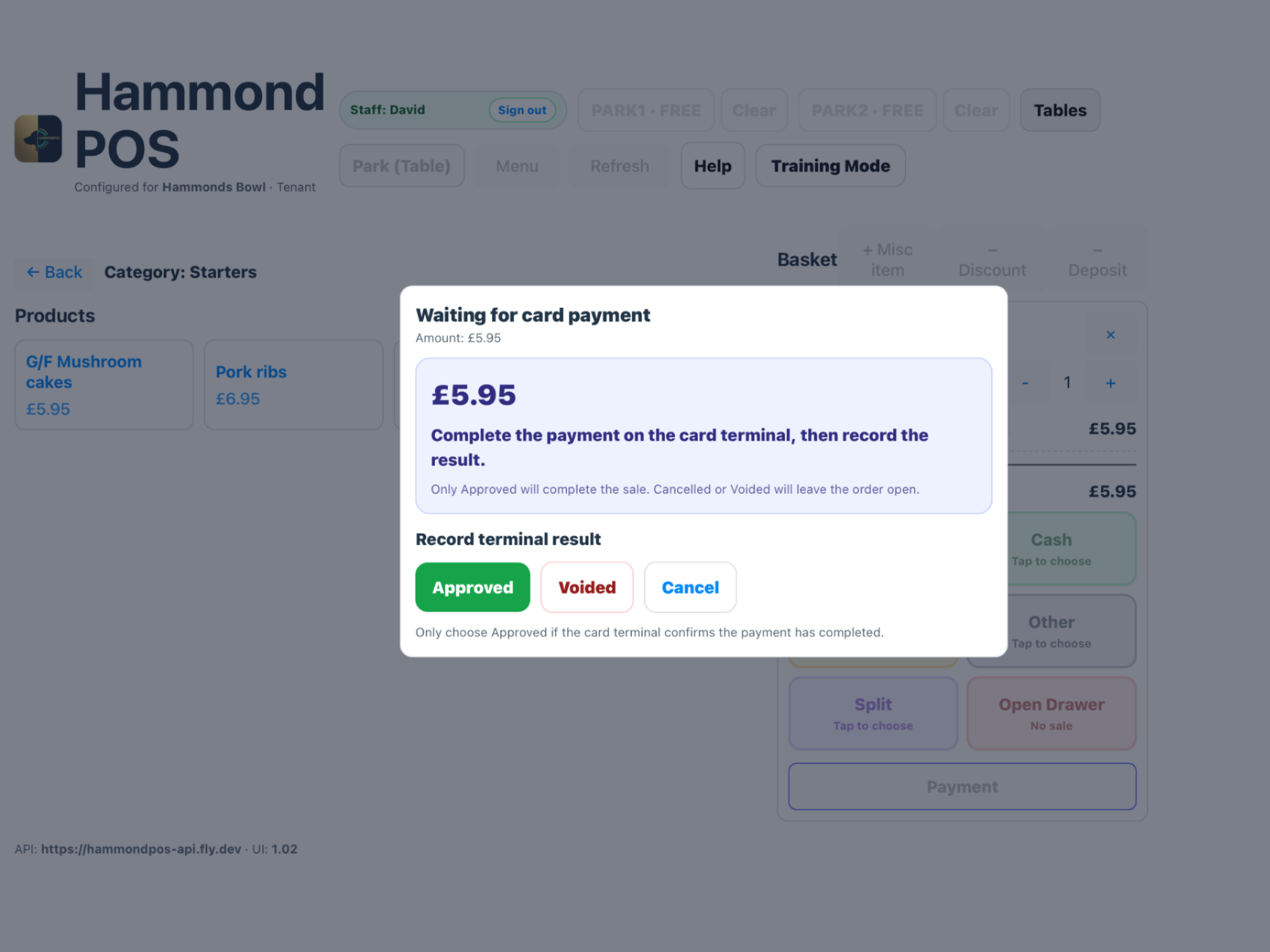 Manual card payment screen.