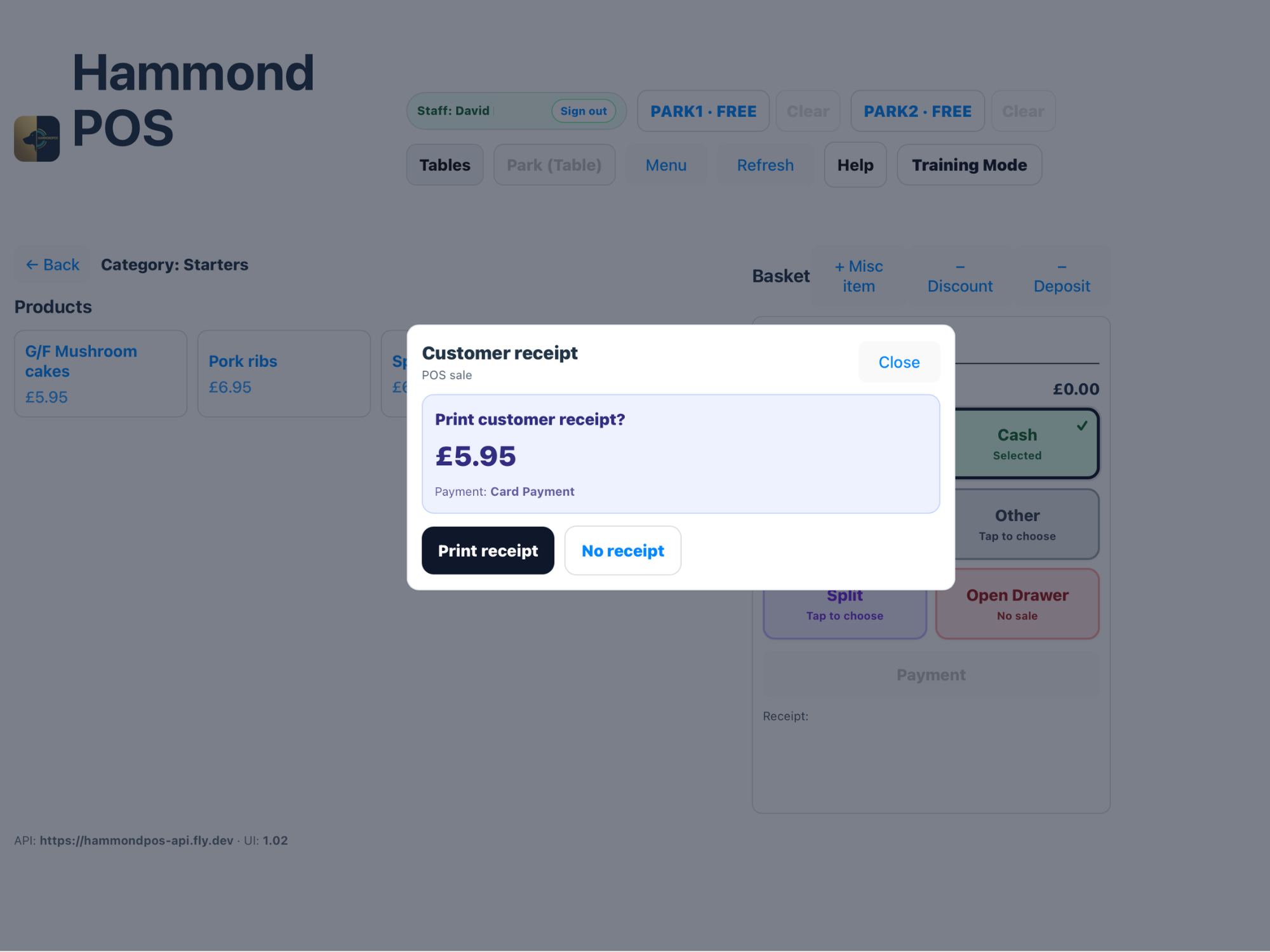 Payment flow with receipt choice.