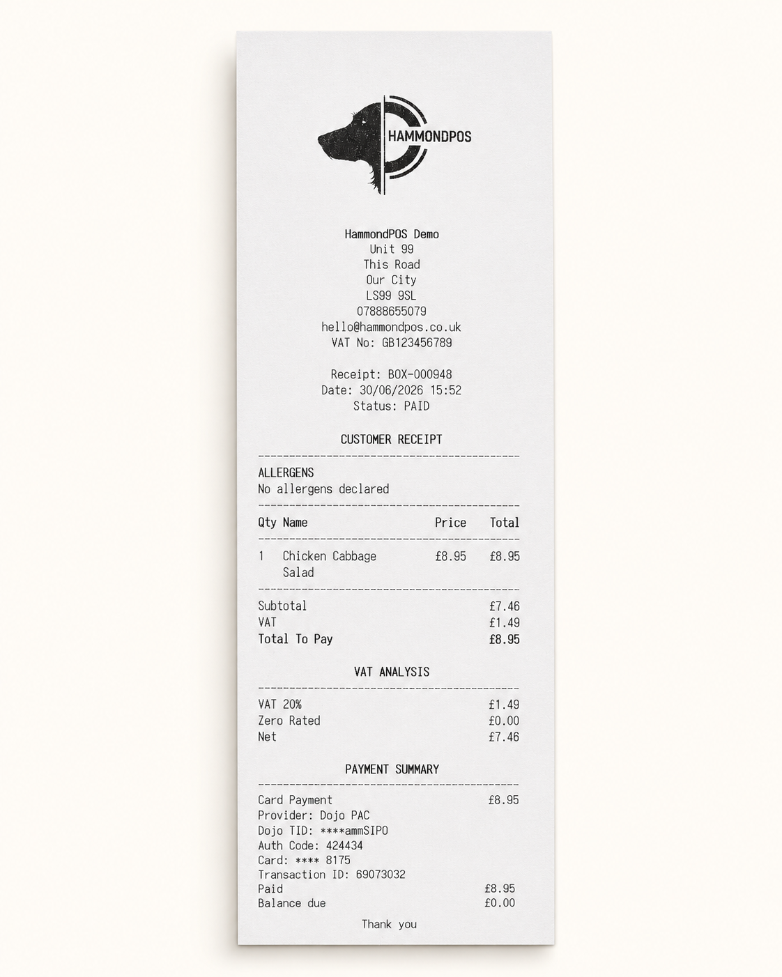 Paid customer receipt with card payment detail.