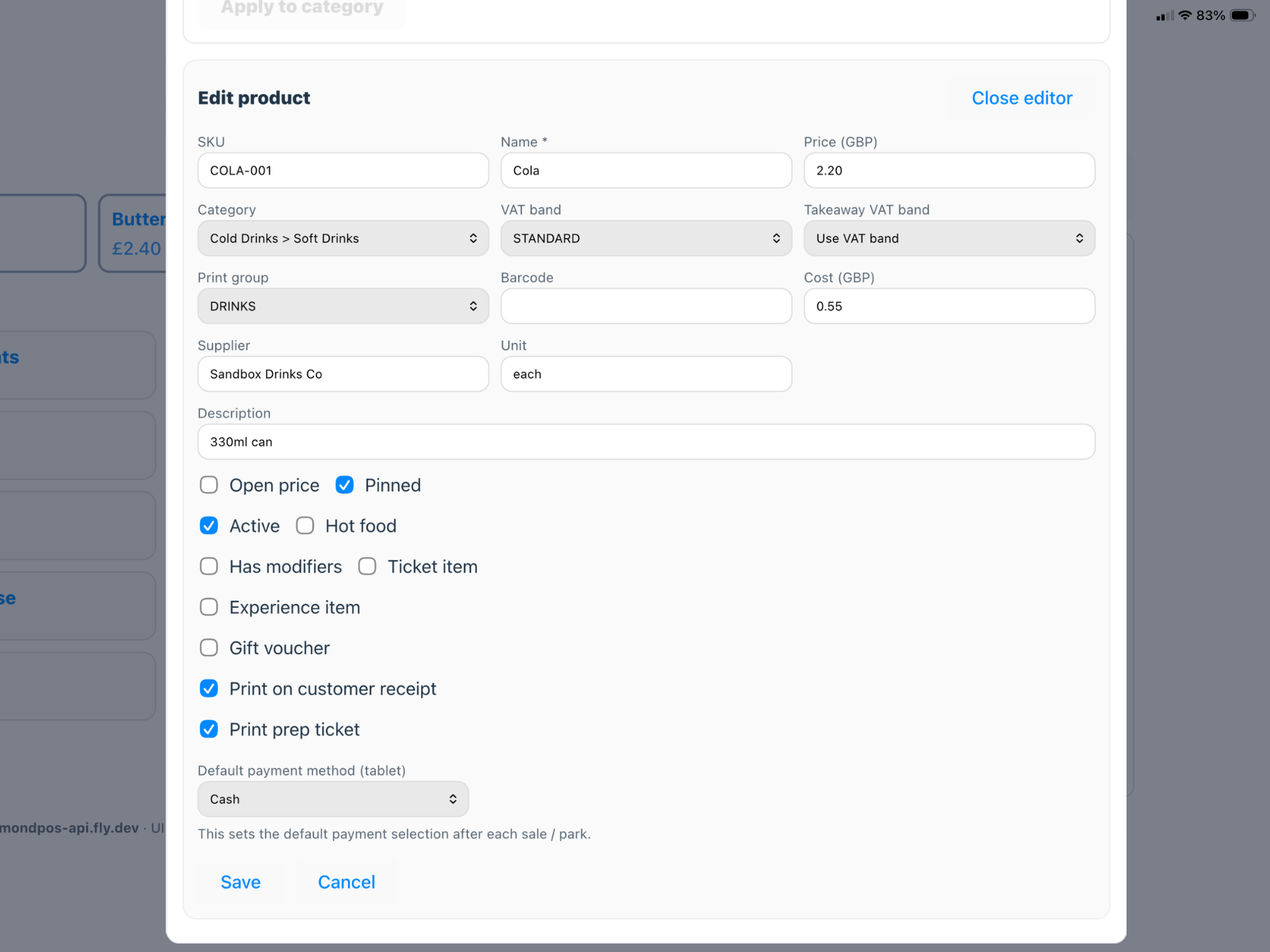 Product editor screen.