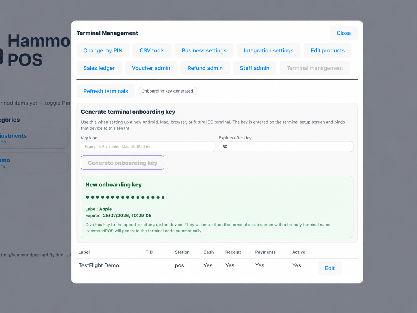 Terminal management screen with a generated onboarding key.