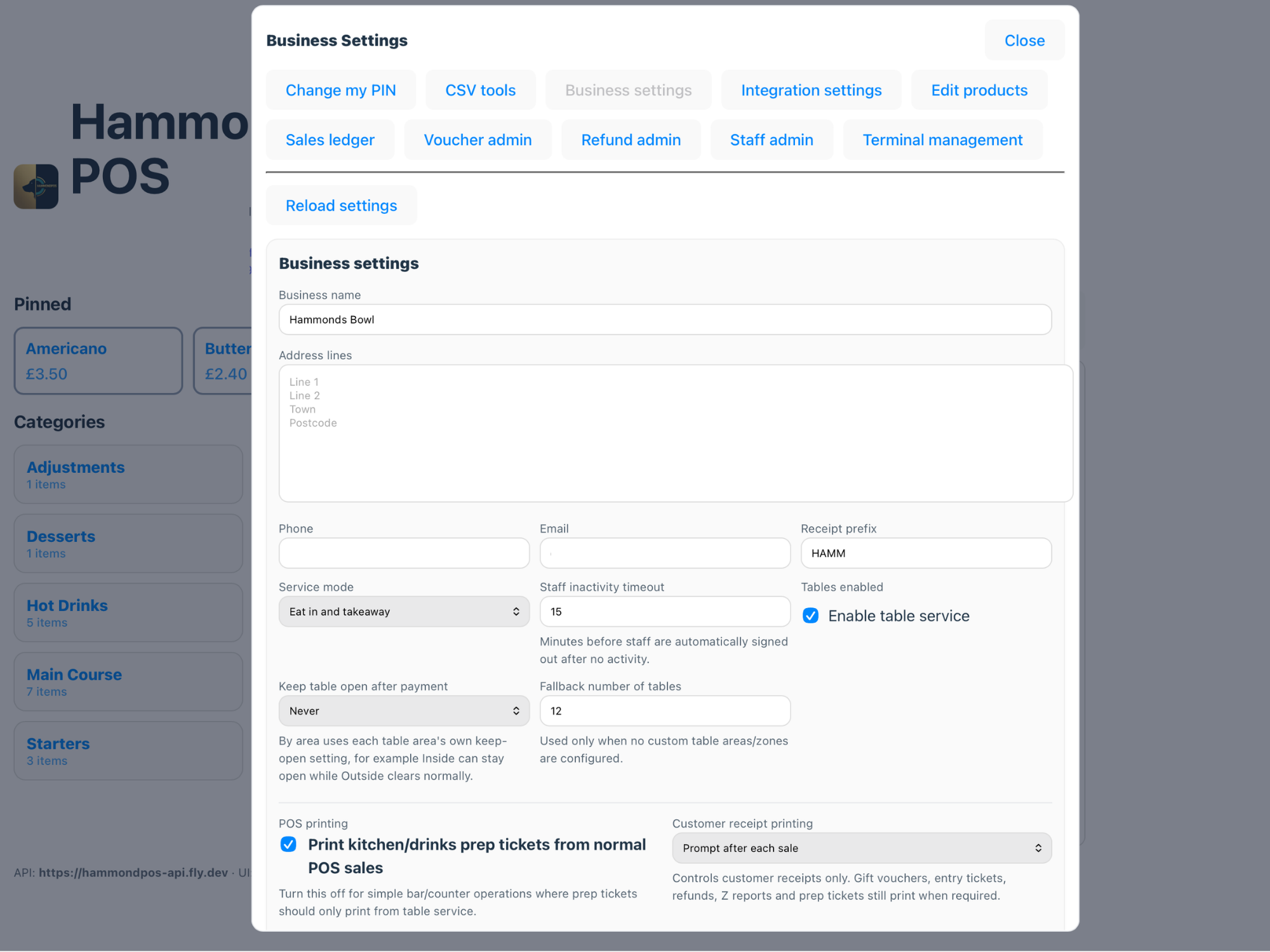 Business settings overview.