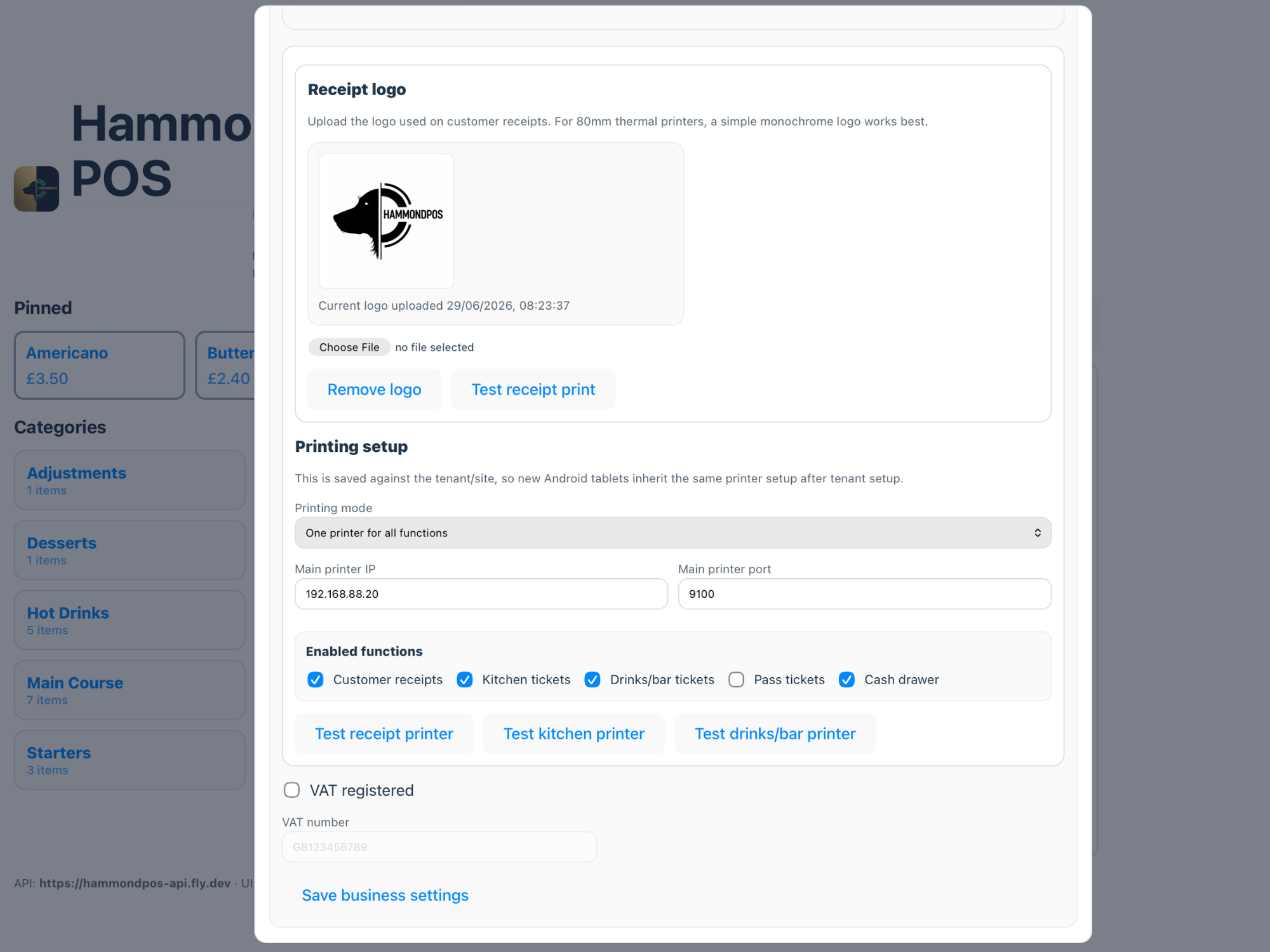 Additional business settings view.