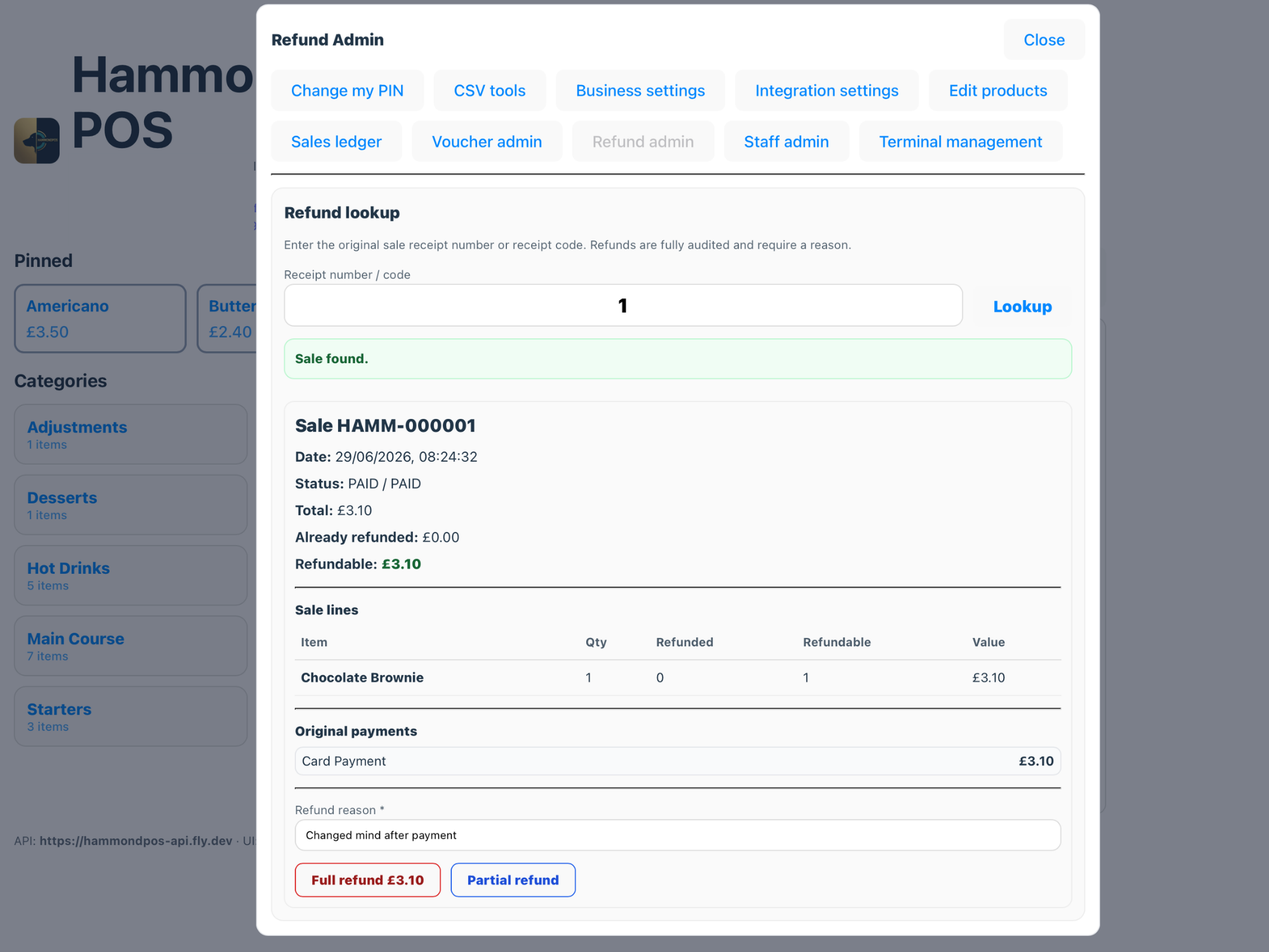 Refund admin entry screen.
