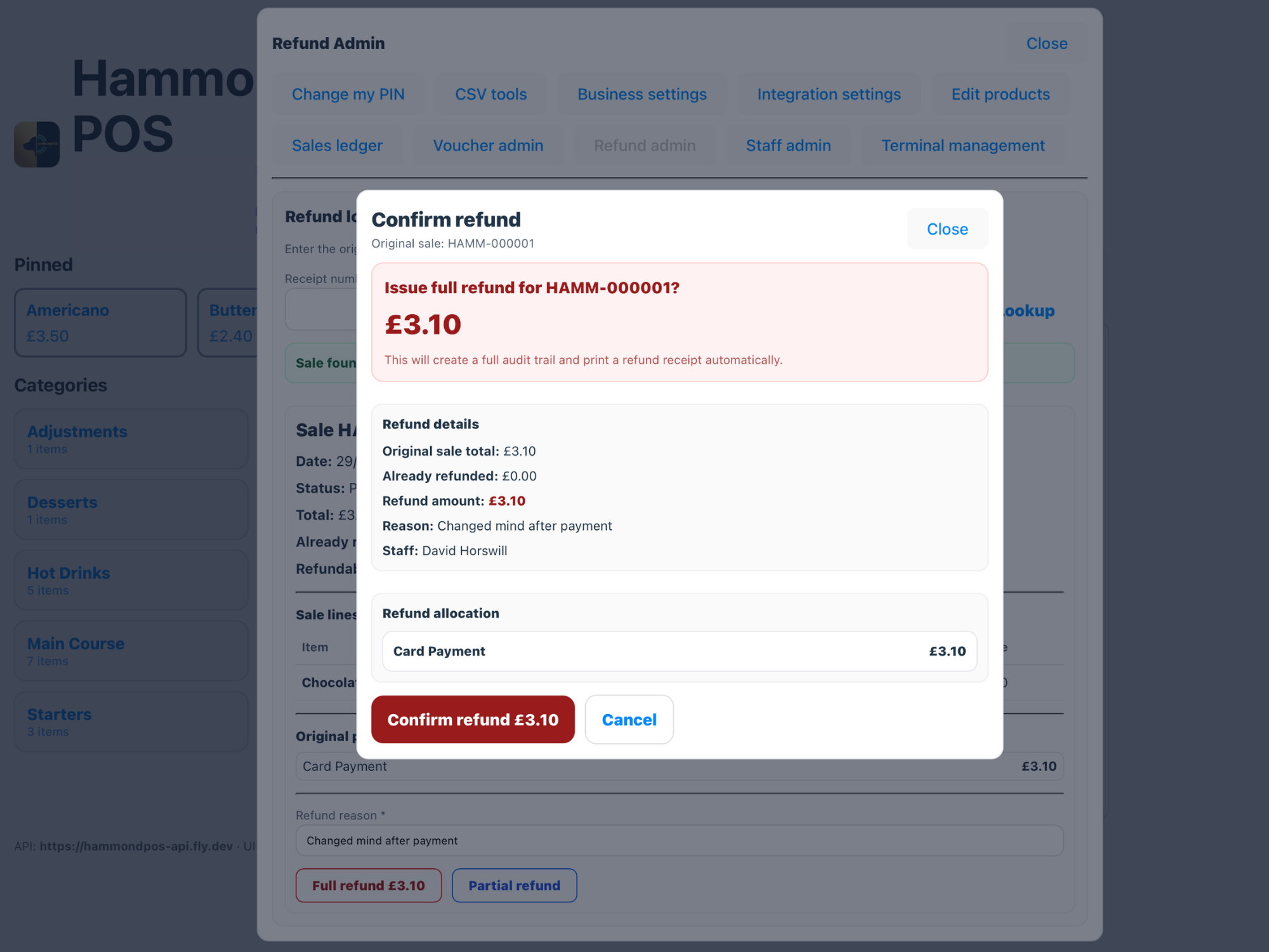Refund selection screen.